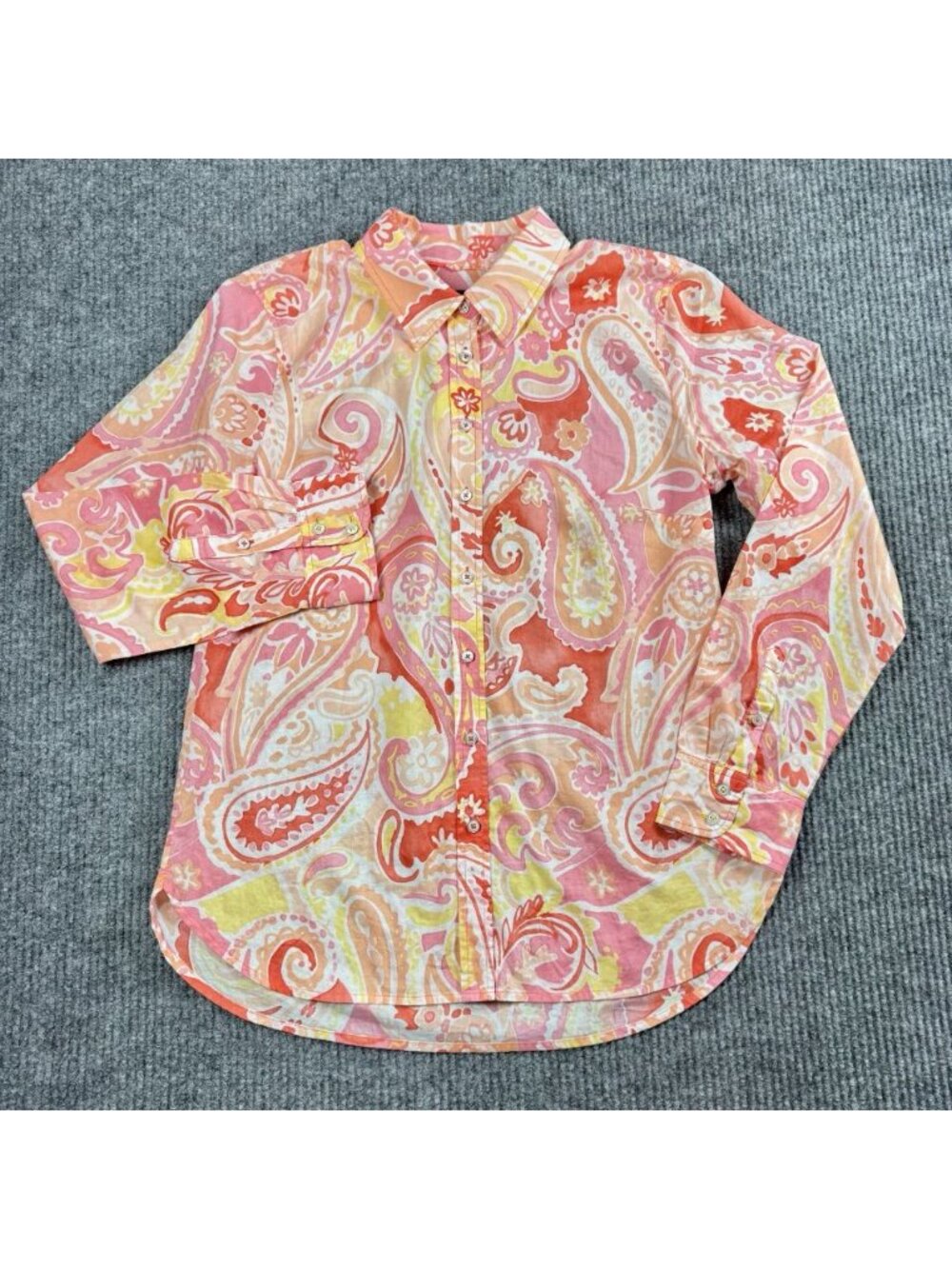 Talbots Button Front Shirt Women’s Medium Pink Yellow Paisley Cotton Long Sleeve